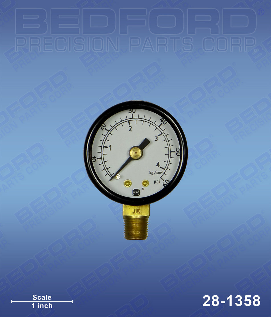 Manómetro de 1/8" NPT con montaje en base, 0-60 PSI, 1-1/2"