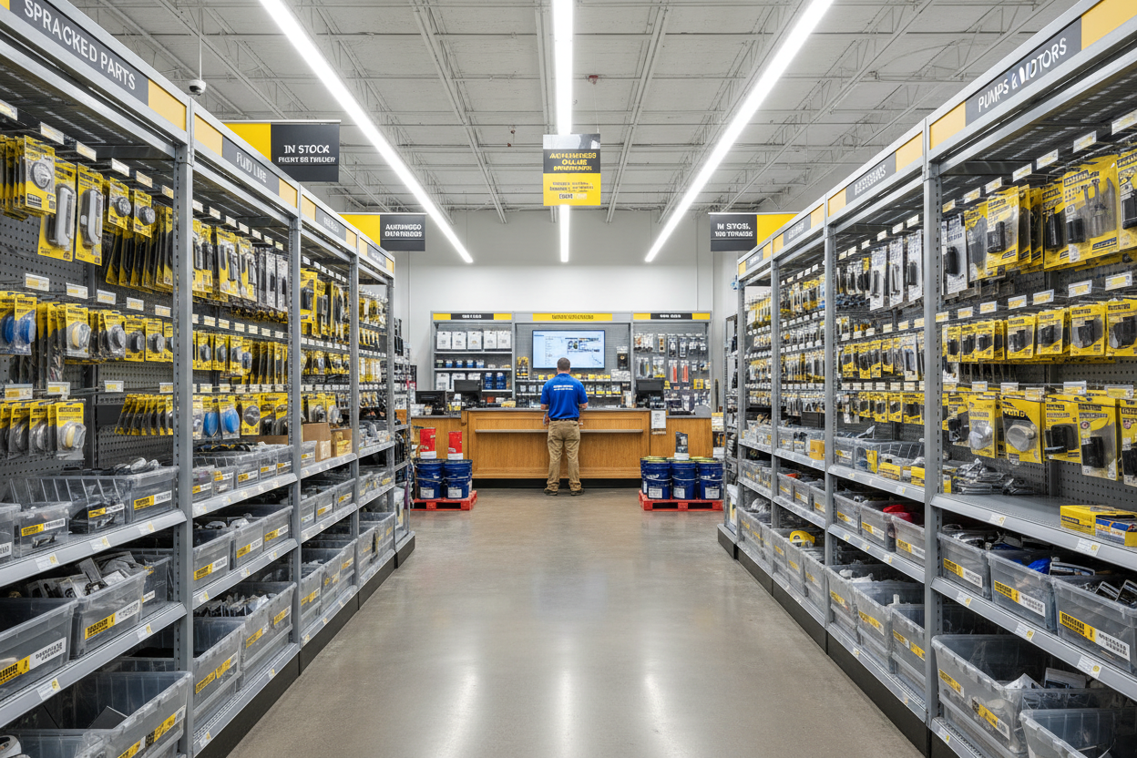 Brick and mortar industrial paint supply storefront. Wide interior shot with clean, well lit aisles. Shelving stocked with Bedford Precision sprayer parts, fittings, and accessories in clearly labeled packaging. Counter area visible with a professional dealer assisting a contractor. Environment resembles a Sherwin Williams or industrial coatings supply store. Conveys in stock availability, dealer partnership, and professional trade focus.