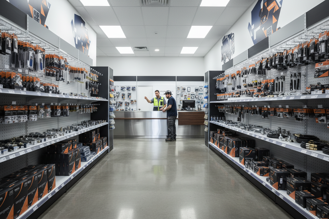 Brick and mortar industrial paint supply storefront. Wide interior shot with clean, well lit aisles. Shelving stocked with Bedford Precision sprayer parts, fittings, and accessories in clearly labeled packaging. Counter area visible with a professional dealer assisting a contractor. Environment resembles a Sherwin Williams or industrial coatings supply store. Conveys in stock availability, dealer partnership, and professional trade focus.

try to not include text that is visible anywhere.
